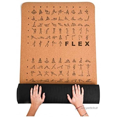 MAYOGA Yogamatte aus Kork mit Flex & Yoga Übungen+extra Tragegurt rutschfest hypoallergen und biologische abbaubar Die perfekte Fitnessmatte mit 8 mm Stärke 183 x 61 x 0,8 cm