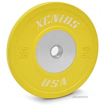 Xenios USA Gummi Competition Bumper Plate mit Zentraler Edelstahlplatte Gelb 15 kg PSBPCRBPL15