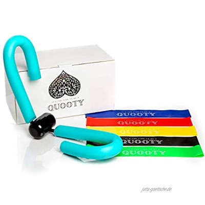 Quooty ® Oberschenkeltrainer & Resistance Bands [5 Stück] Heimtrainer Sport Set inkl. Trainingsvideos & gesunden Rezepten für den Alltag