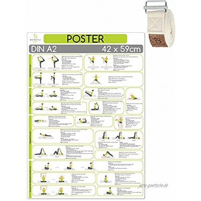 beneyu ® Yoga Poster für Yoga Gurt mit Yoga Asanas in Deutsch DIN A2 60x42cm Klimaneutrale Produktion auf A4 gefalzt gefalten DIN A2