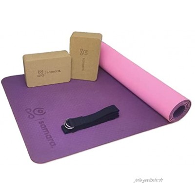 SAMARA. Yoga Set mit Premium Yogamatte 2x100% ökologischem Yogablock aus Naturkork und hochwertigem Yogagurt Rutschfeste nachhaltige TPE Sport- und Fitnessmatte für Anfänger und Fortgeschrittene